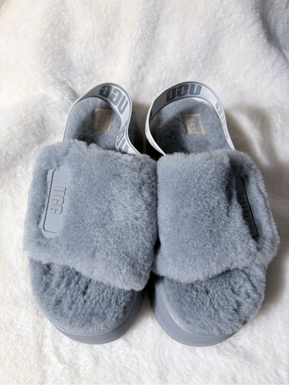 UGG Grey Plush Fluff Slide Sandals with Branded Back Strap